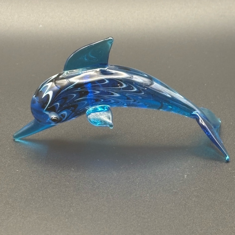 Glass Art Blue Dolphin Figurine Decorative Paperweight Hand Blown Murano Style
